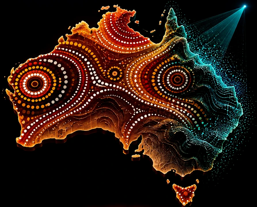 Map of Australia in dot-painting patterns, with a LiDAR scanning beam and point cloud along the east coast